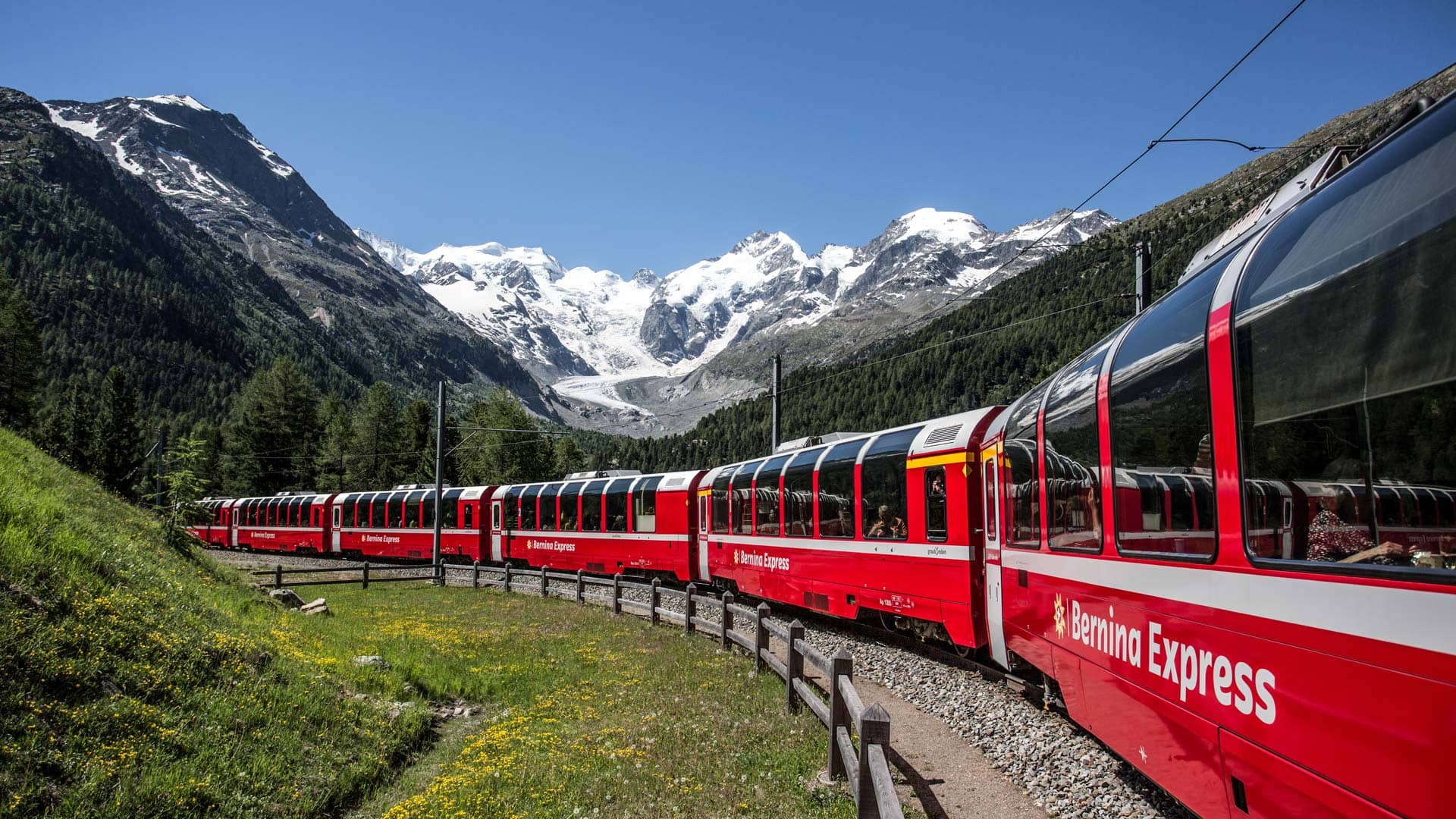 The Bernina Express takes you along the highest railroad tracks in Europe to St. Moritz.